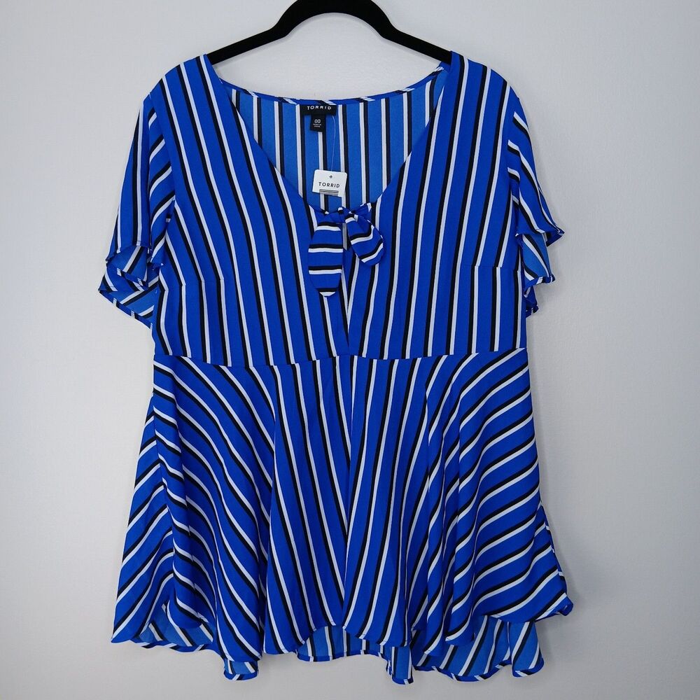 Torrid Women’s Shirt Striped Peasant Blouse Blue Cap Sleeve Size 00 NWT